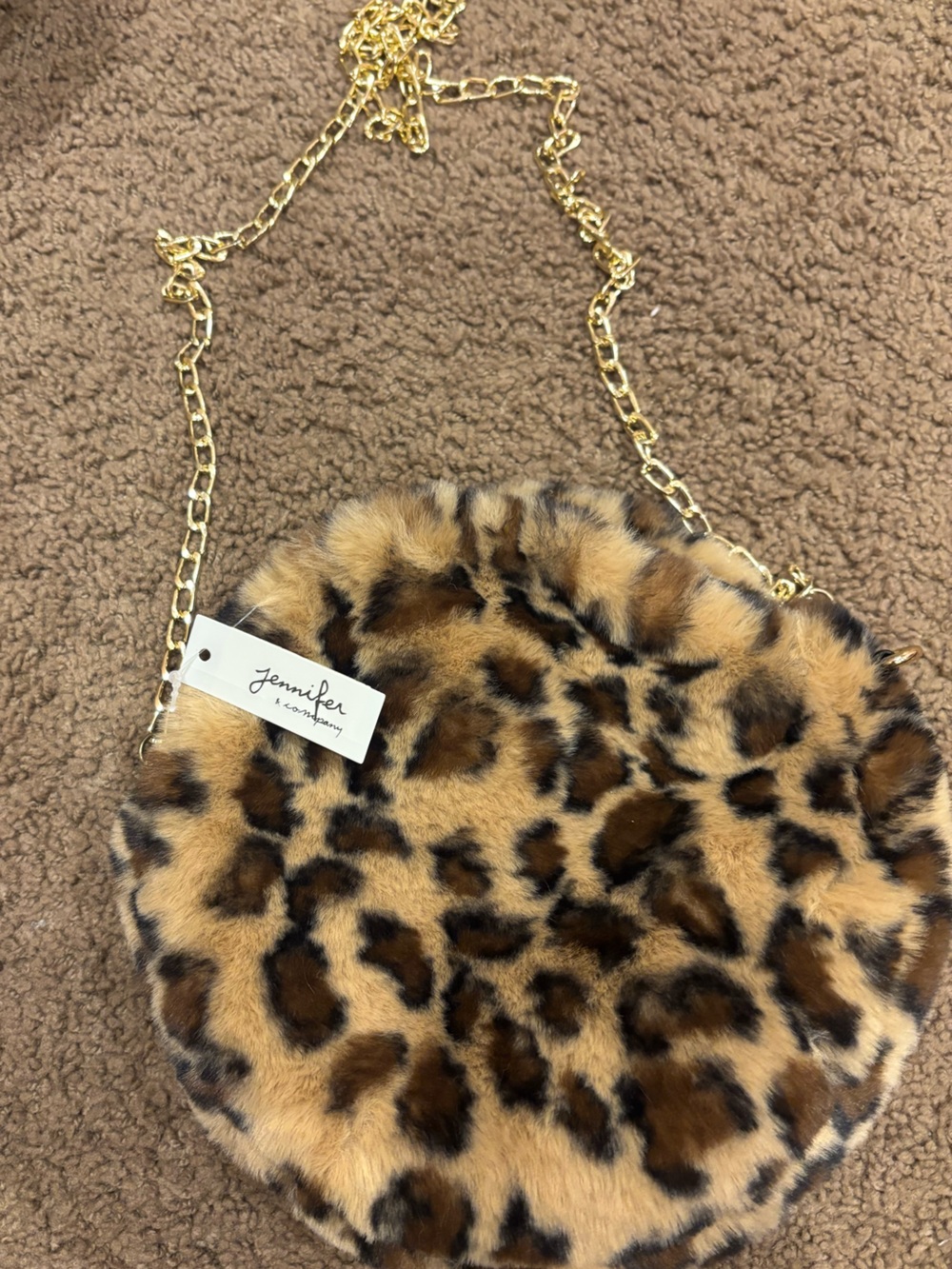 Leopard Print Faux Fur Round Key & Card Holder with Gold Chain